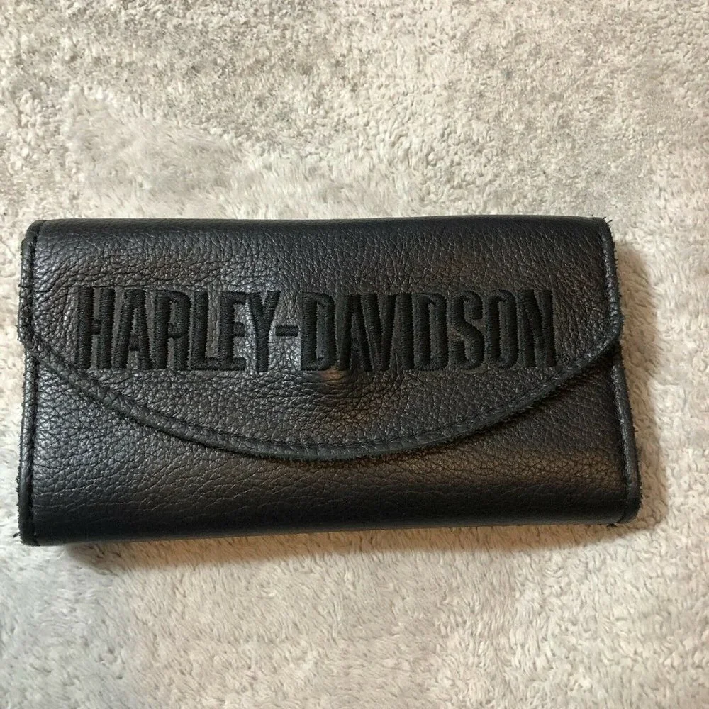 Vintage HARLEY DAVIDSON Biker Black Leather Large Trifold Wallet Embroidered